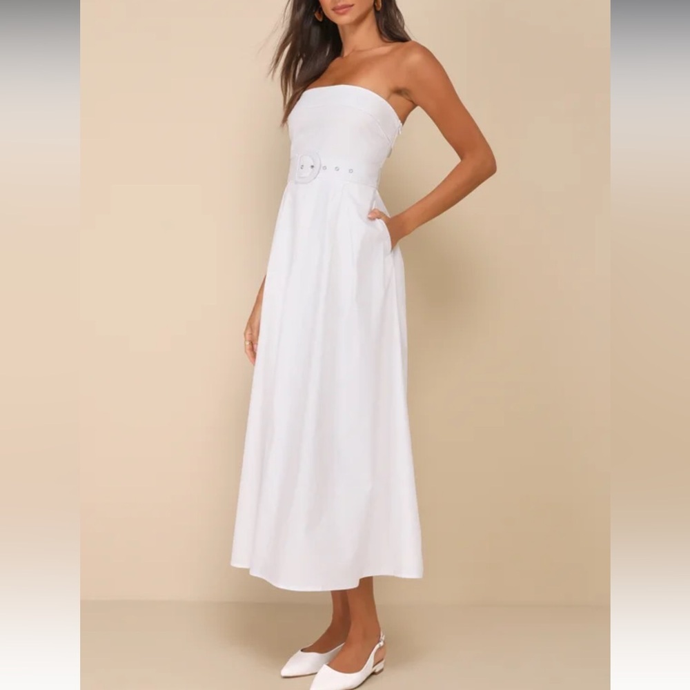 Lulus Trendsetting Choice White Strapless Midi Dress With Pockets